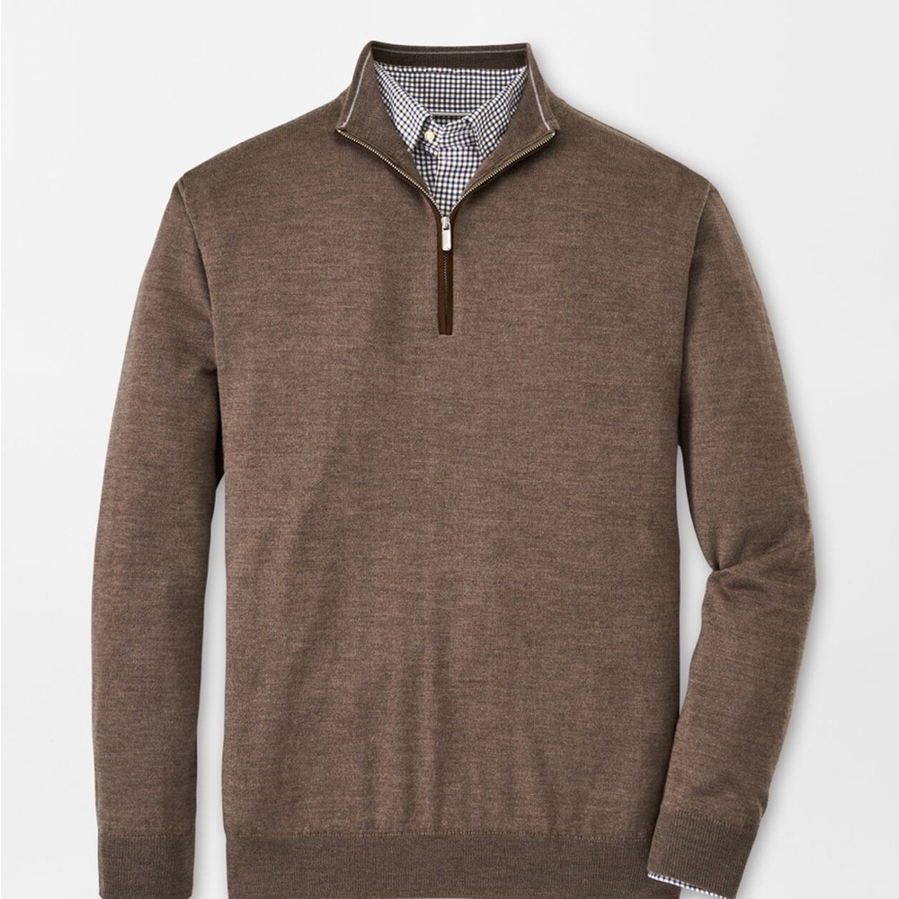 Peter Millar autumn crest suede trim quarter zip brown birch wool sweater XXL